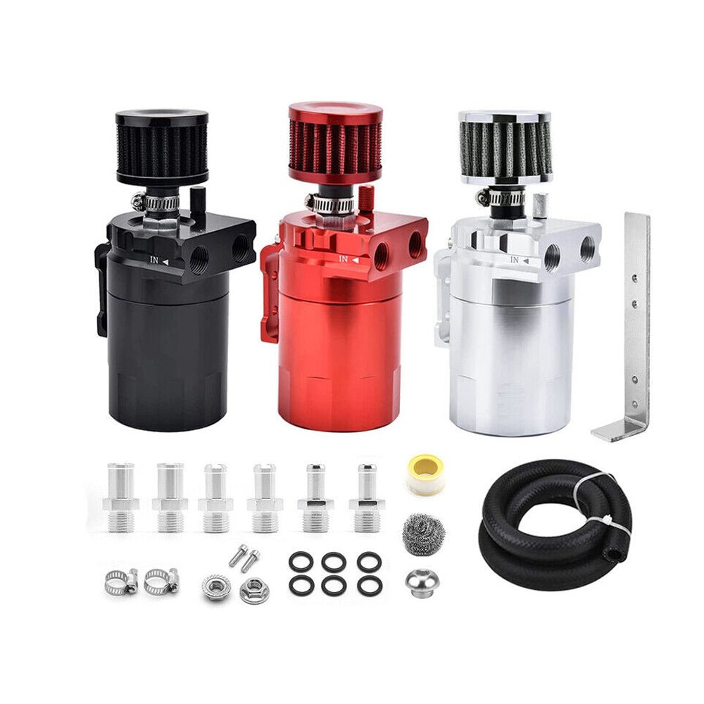Reservoir_Oil_Separator_Tank Upgraded Baffled Oil Catch Can with Breather Filter Kit Aluminum Oil Reservoir Tank with 3/8" Strengthened NBR Fuel Line - 圖片 1